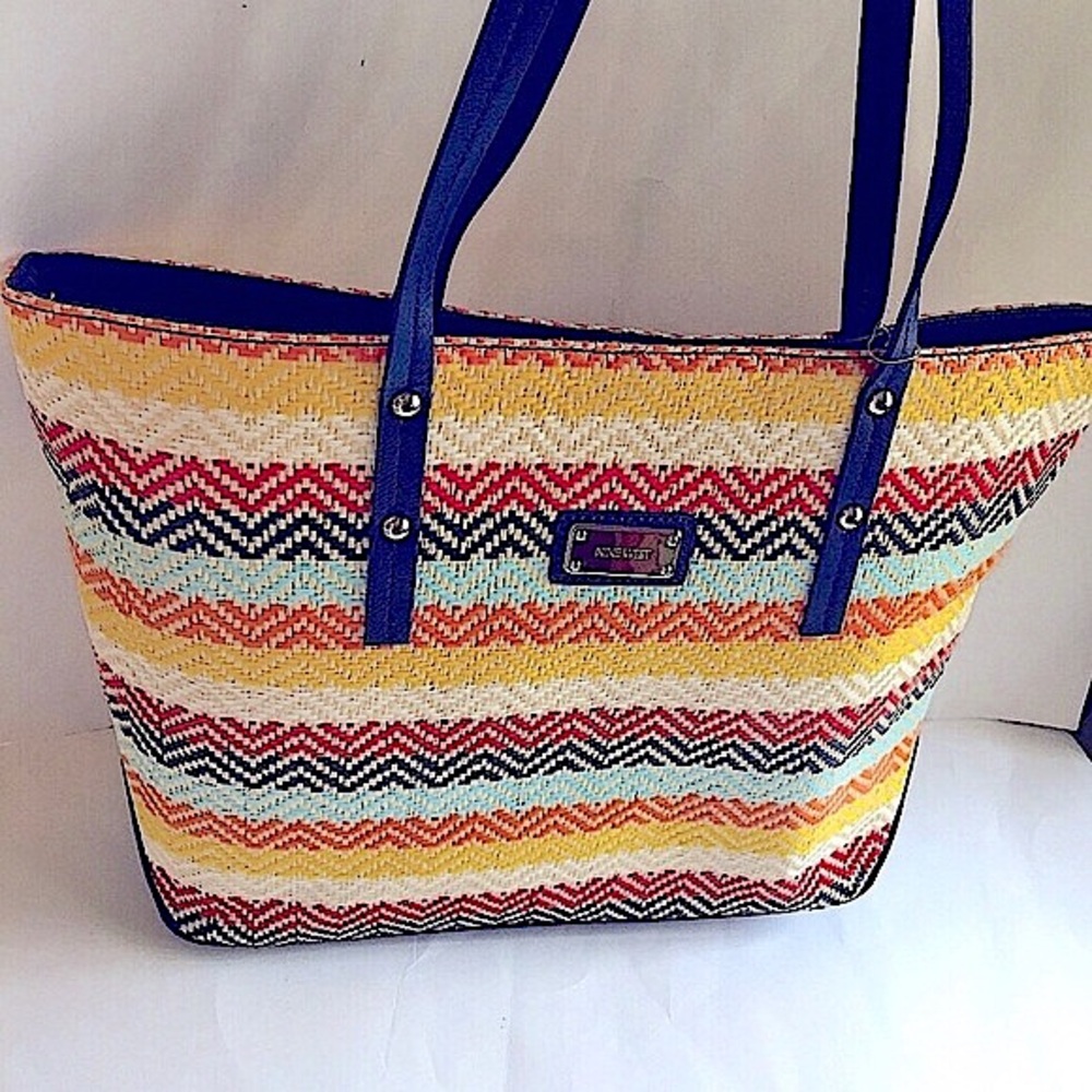 Nine West multicolor woven straw Tote Bag with blue leather NWT Bag